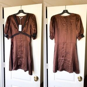 Reformation Dress Brigitta Silk Lace Buttoned Mini Dark-Academia Cafe 10 NWT